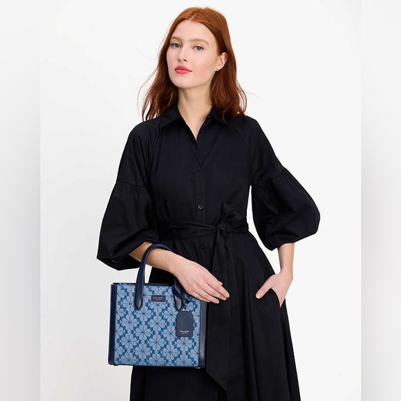 ♠️kate spade Manhattan Spade Flower Jacquard Denim Small Tote, Blue NWT - Picture 10 of 11